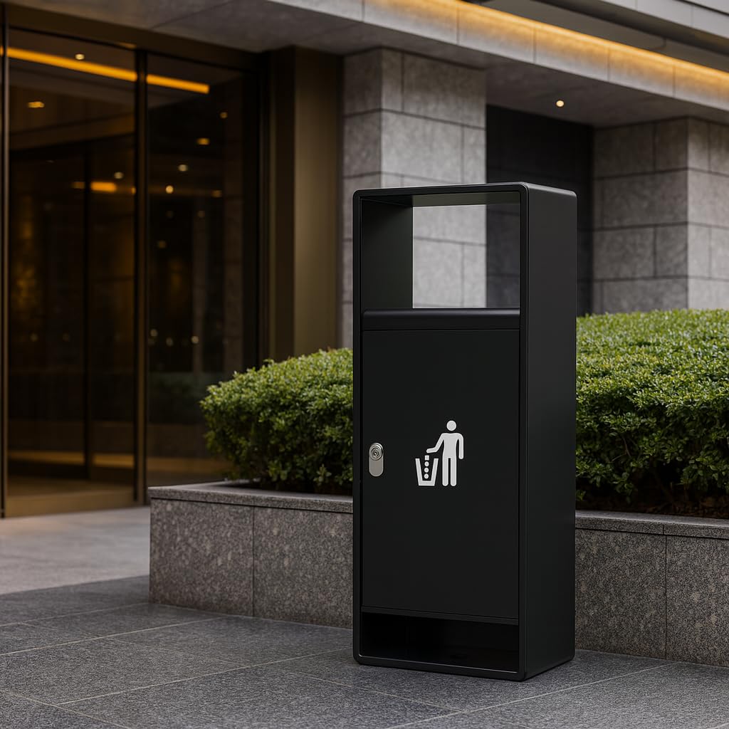 Professional outdoor waste container placed in front of modern office building with glass facade