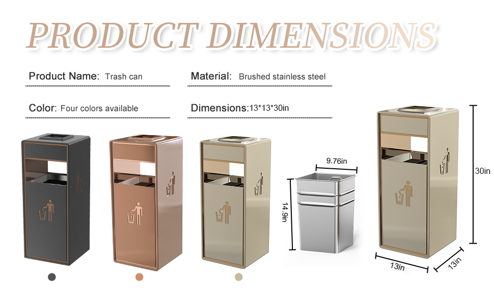 Steel trash cans outdoor product dimensions showing 13x13x30 inch lockable trash containers in four color options with brushed stainless steel construction