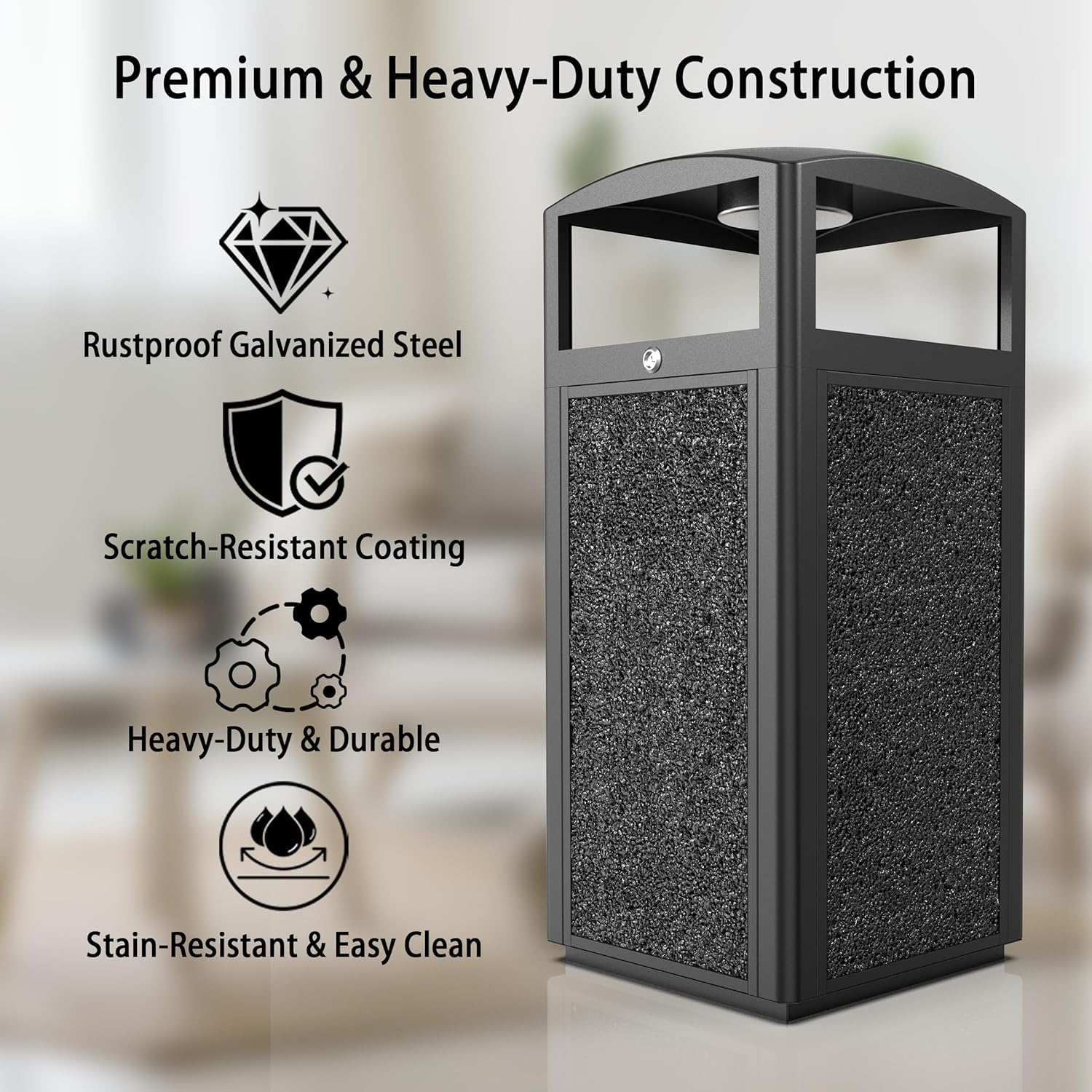 Commercial grade outdoor waste bin featuring rustproof galvanized steel construction with scratch-resistant stone aggregate coating and stain-resistant properties