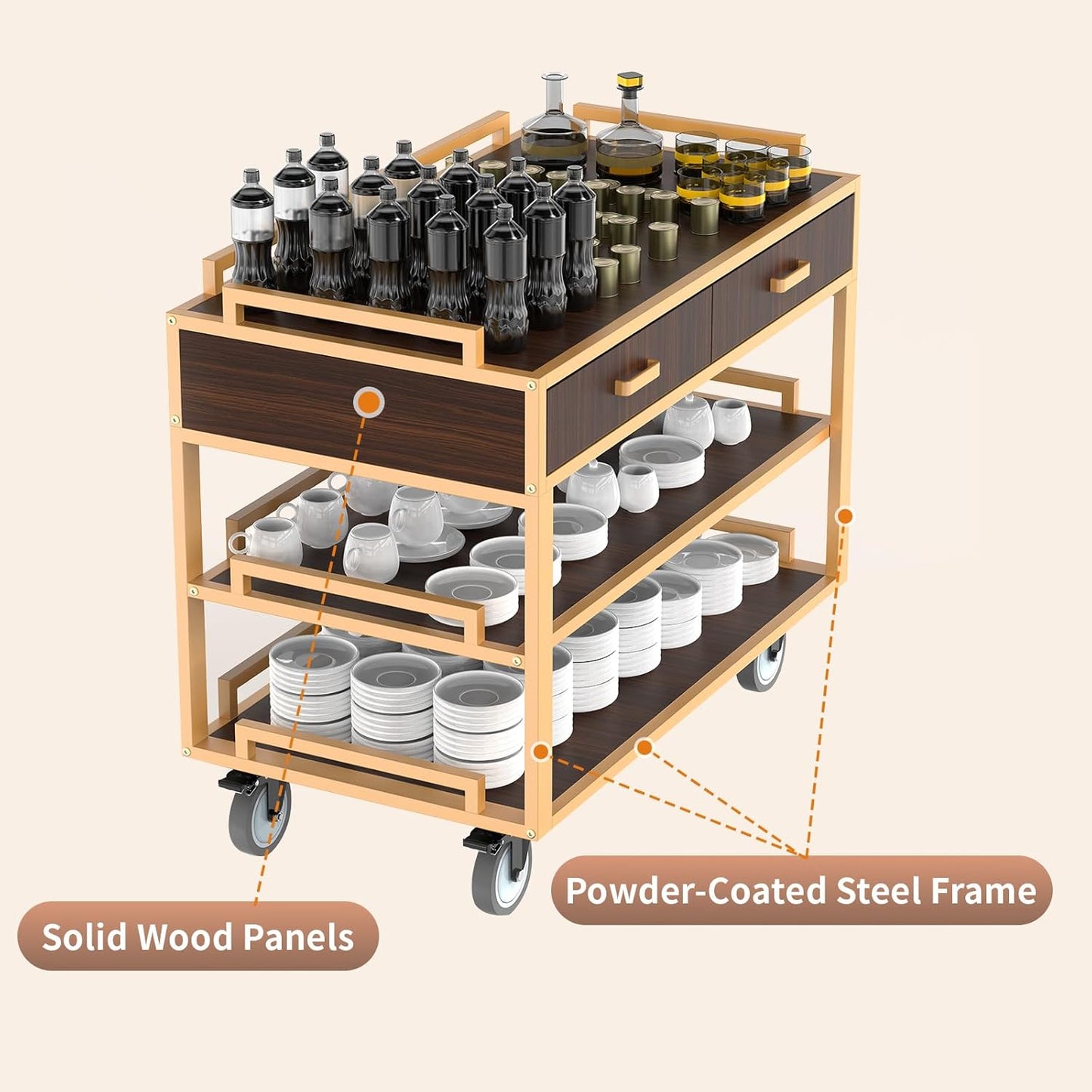 Durable open service cart showcasing solid wood panels and powder-coated steel frame construction. Service trolley with three open shelves, drawer storage, and premium materials designed for long-lasting performance in commercial restaurant and hospitality environments.