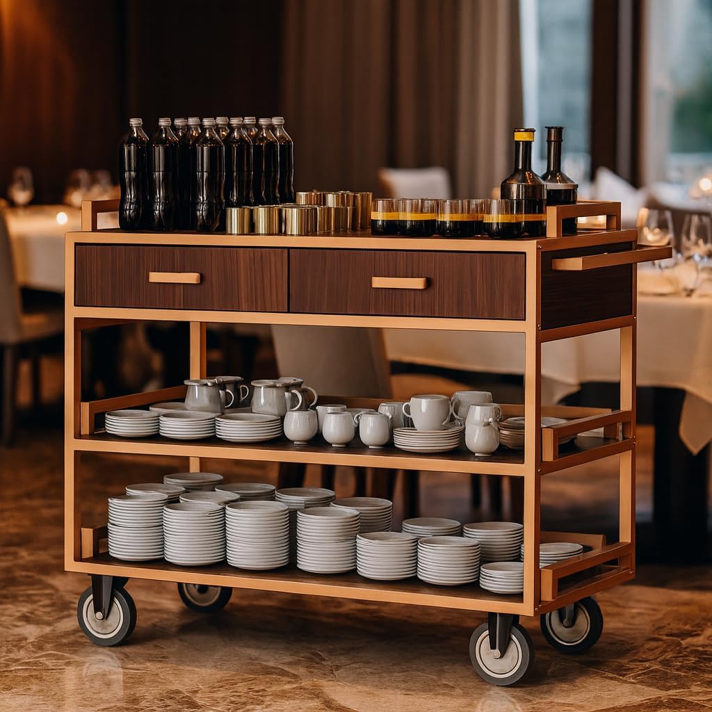 Elegant open service cart positioned in sophisticated restaurant dining room with warm lighting and classic décor. Restaurant service trolley with three-tier open shelving displaying bottles, cups, and plates for professional food and beverage service in upscale hospitality venues.
