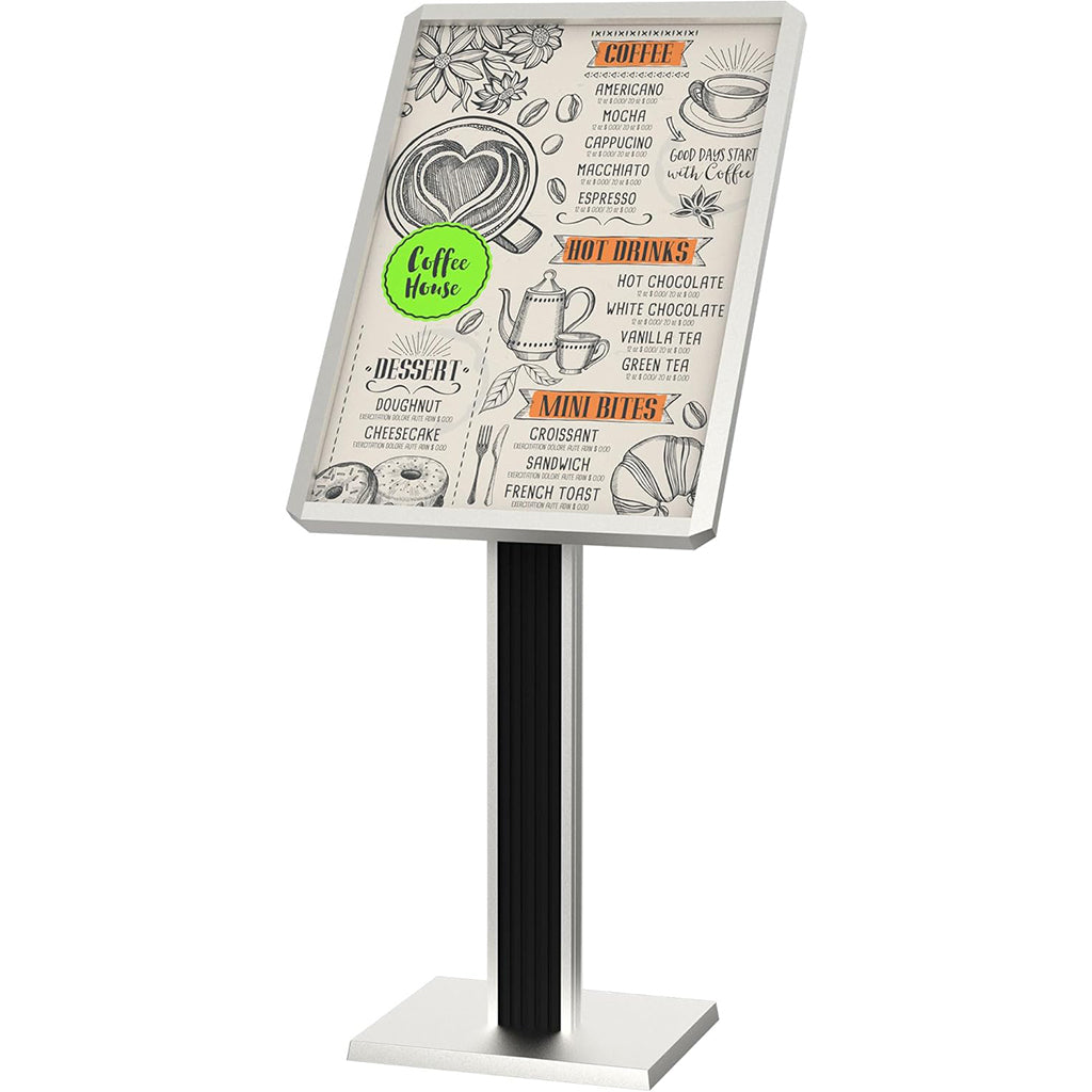 Modern floor standing sign holder with white base displaying detailed coffee house menu including beverages, desserts and mini bites sections with artistic coffee illustrations