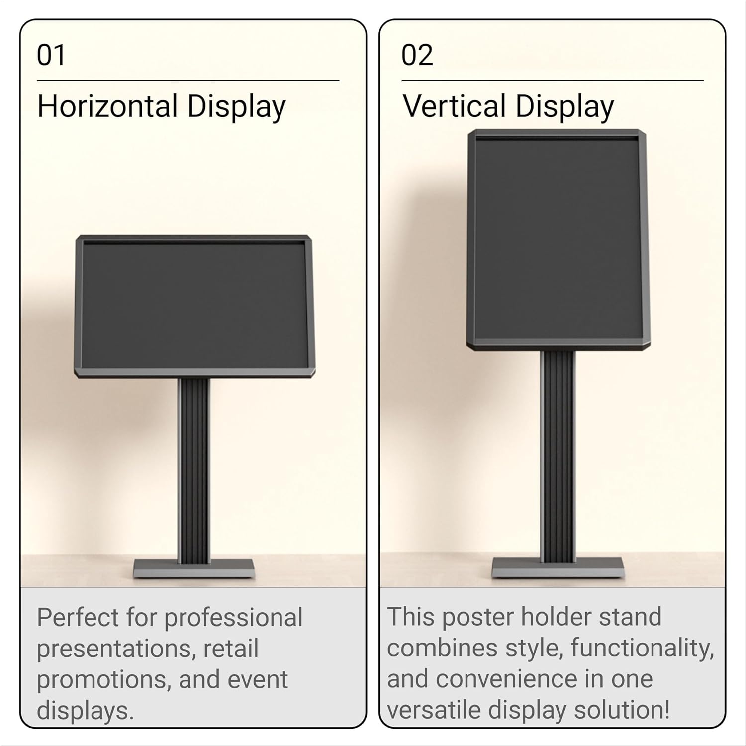 Comparison showing floor standing sign holder in both horizontal and vertical orientations, demonstrating versatility for professional presentations, retail promotions and event displays