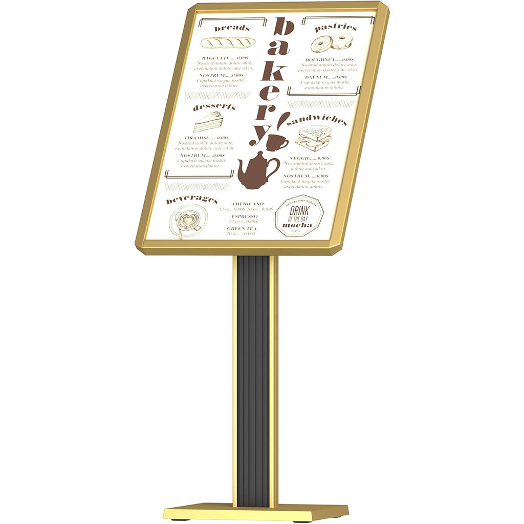 Elegant floor standing sign holder with golden frame displaying bakery menu, featuring premium metallic finish ideal for upscale restaurants and hospitality venues