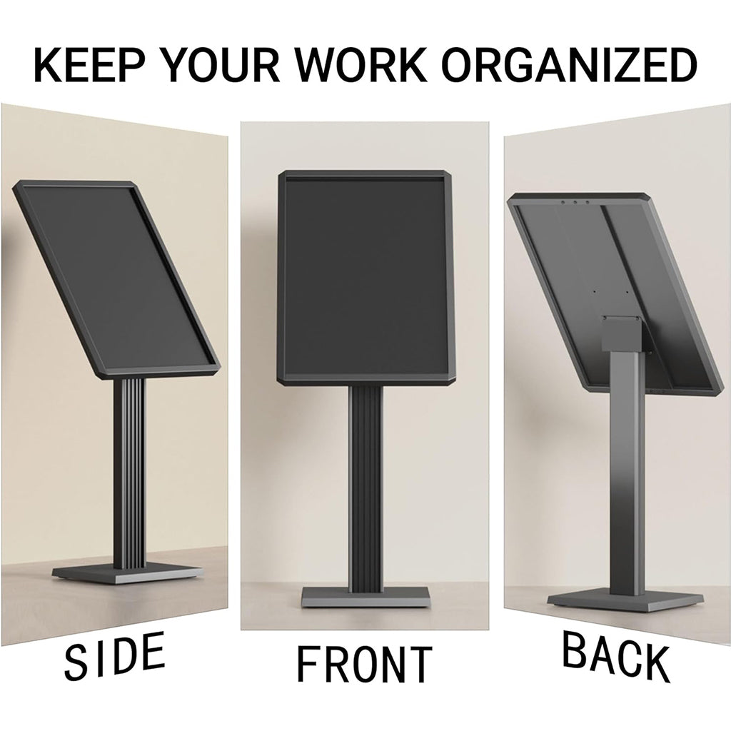 Three-view demonstration of floor standing sign holder showing side, front and back angles with "KEEP YOUR WORK ORGANIZED" message, highlighting versatile positioning options