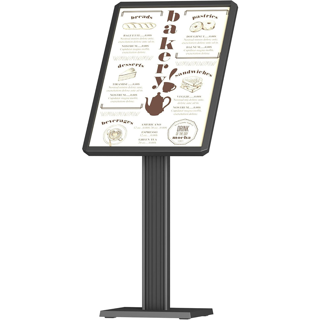Professional floor standing sign holder with black frame displaying bakery menu, featuring sturdy pedestal base perfect for restaurant and cafe menu displays