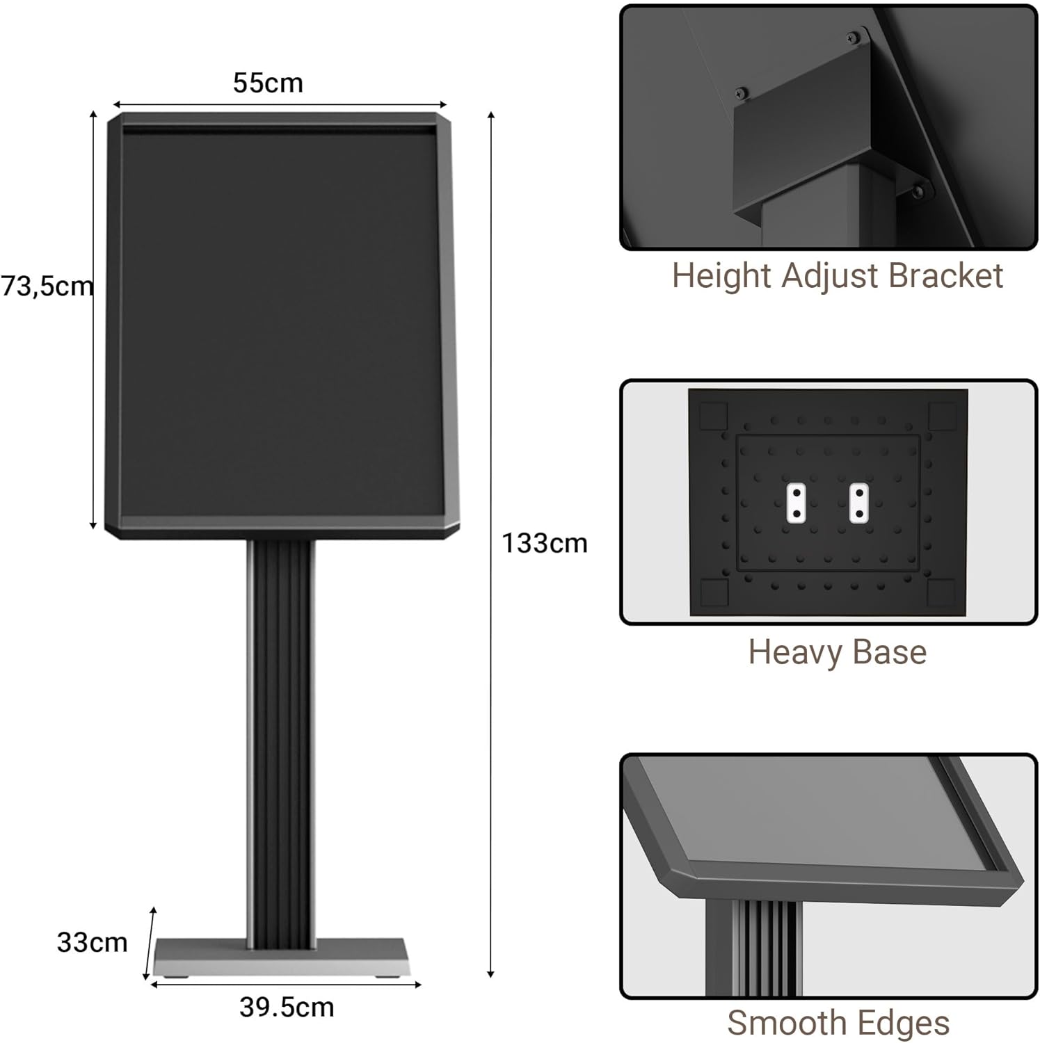 Detailed technical diagram of floor standing sign holder showing 133cm total height, 55cm x 73.5cm display area, with height adjust bracket, heavy base and smooth edges features