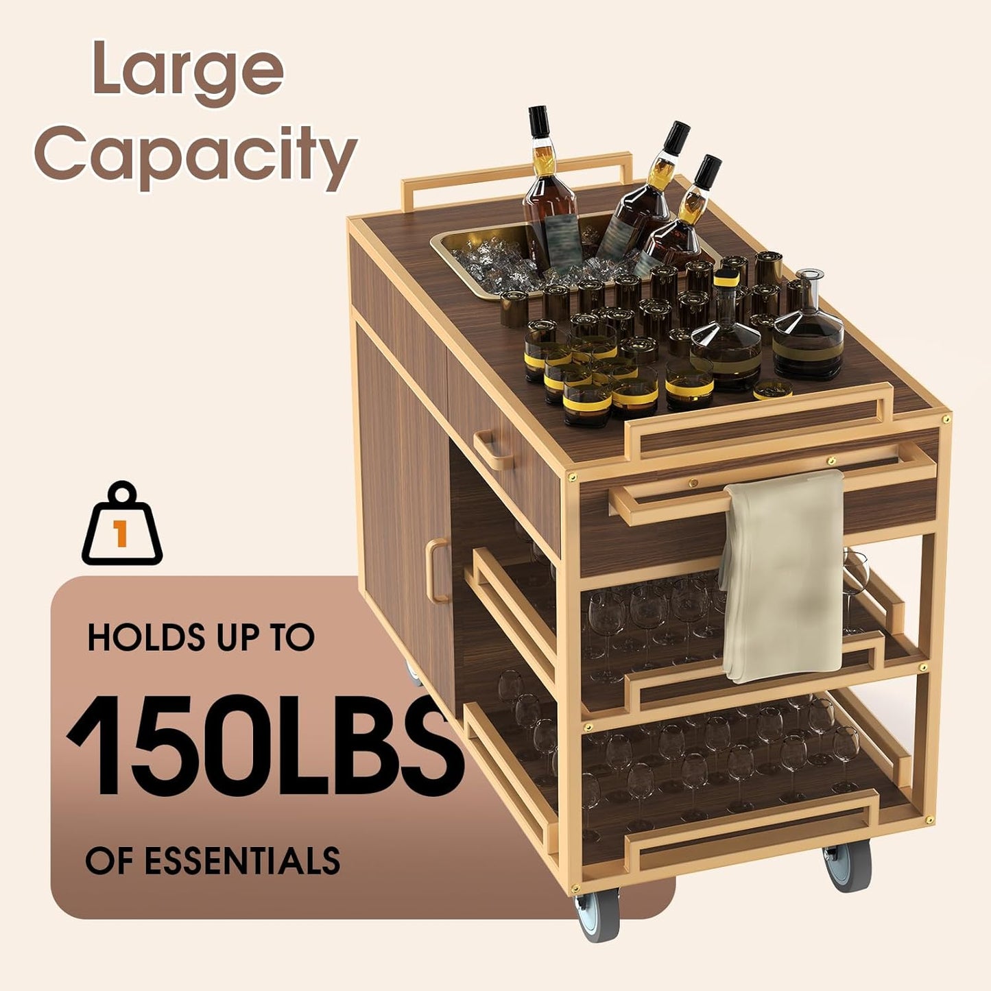 Heavy-duty cabinet service cart showcasing large capacity design holding up to 150 LBS of restaurant essentials. Commercial service trolley with enclosed storage compartments, multiple pull-out shelves, and organized wine bottle storage for high-volume food and beverage service operations.