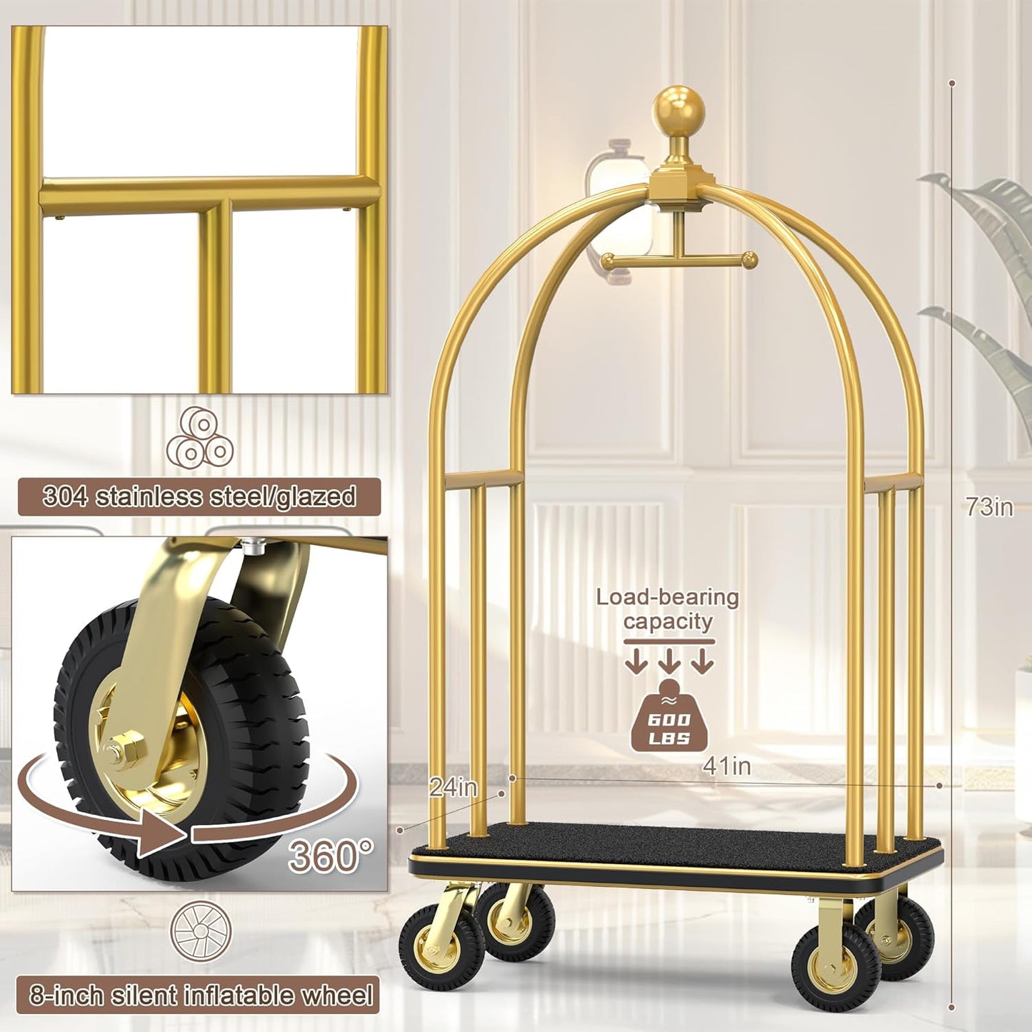 Heavy-duty gold hotel luggage cart with complete specifications showing 73-inch height, 41-inch width, and 600 LBS load-bearing capacity. Professional bellman cart featuring 304 stainless steel glazed construction, 8-inch silent inflatable wheels with 360-degree rotation, designed for commercial hospitality luggage transport services.