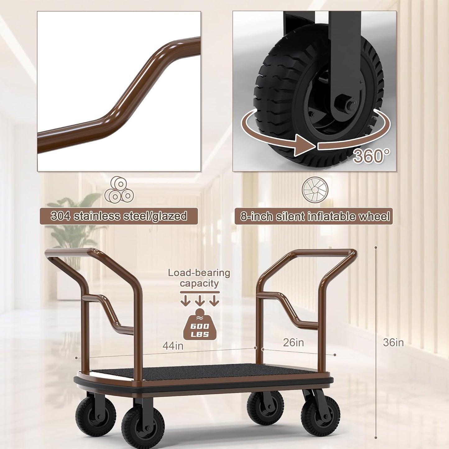 Heavy-duty hotel luggage cart specifications showing 600 lbs load-bearing capacity with 44x26x36 inch dimensions. Professional bellman cart featuring 304 stainless steel glazed construction and 8-inch silent inflatable wheels for maximum durability and performance.