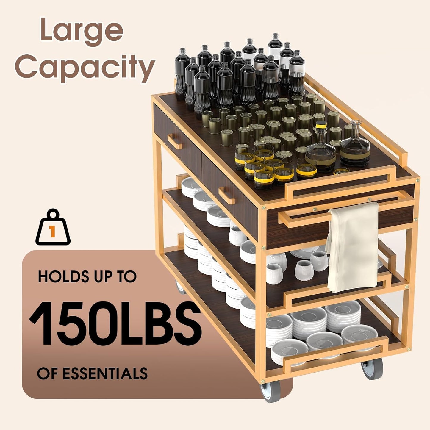 Heavy-duty open service cart showcasing large capacity design holding up to 150 LBS of restaurant essentials including bottles, jars, and dining supplies. Multi-shelf service trolley with drawer storage and open display levels for high-volume food and beverage service operations.