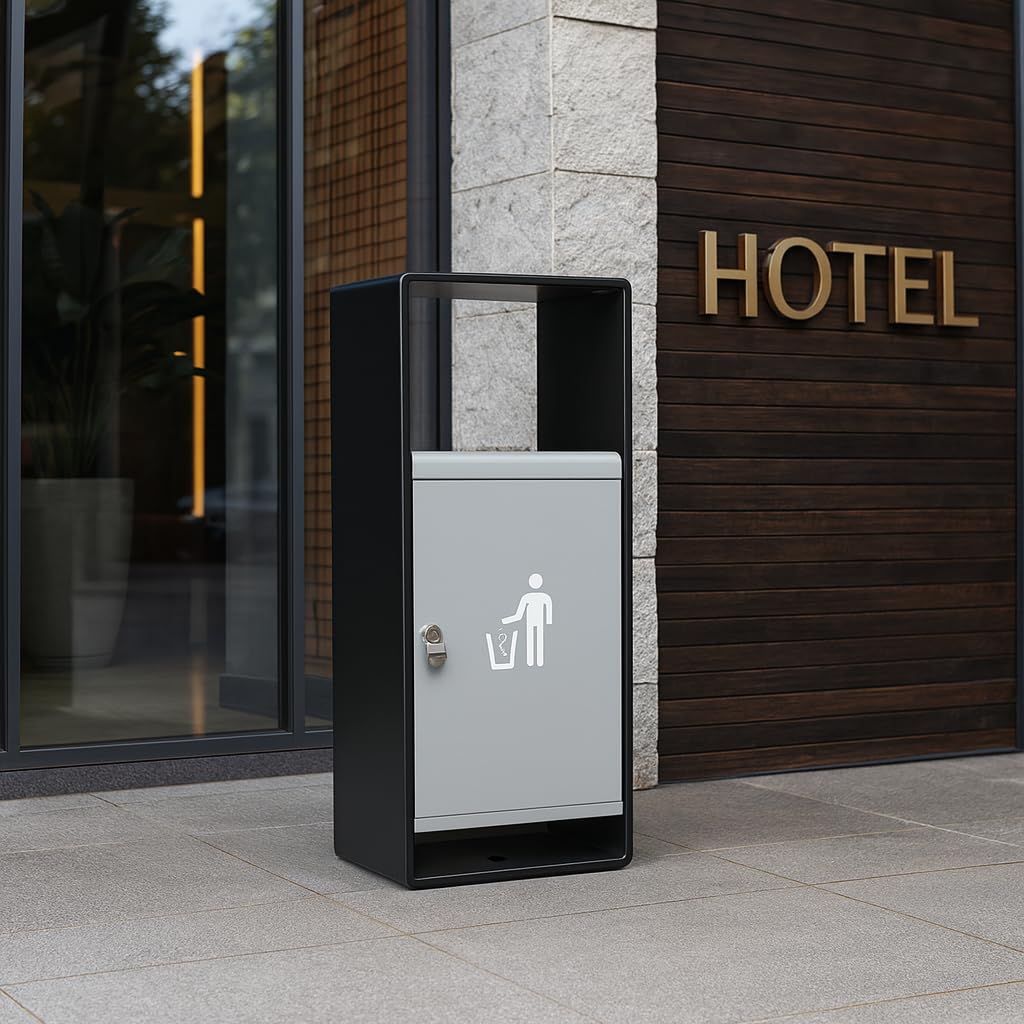 Elegant outdoor trash container with secure lid positioned outside modern hotel entrance with wood and stone facade