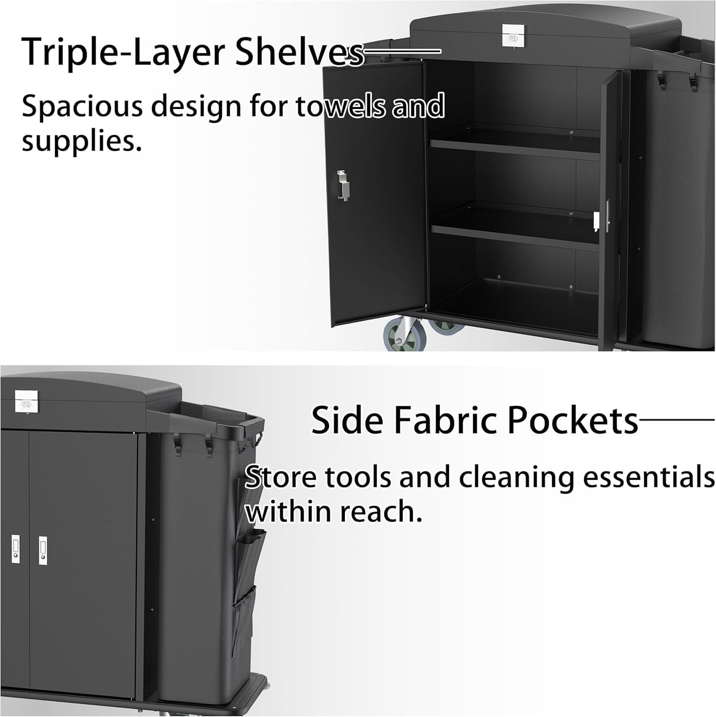 Hotel housekeeping cart showing triple-layer shelves for towel storage and side fabric pockets for cleaning tools.