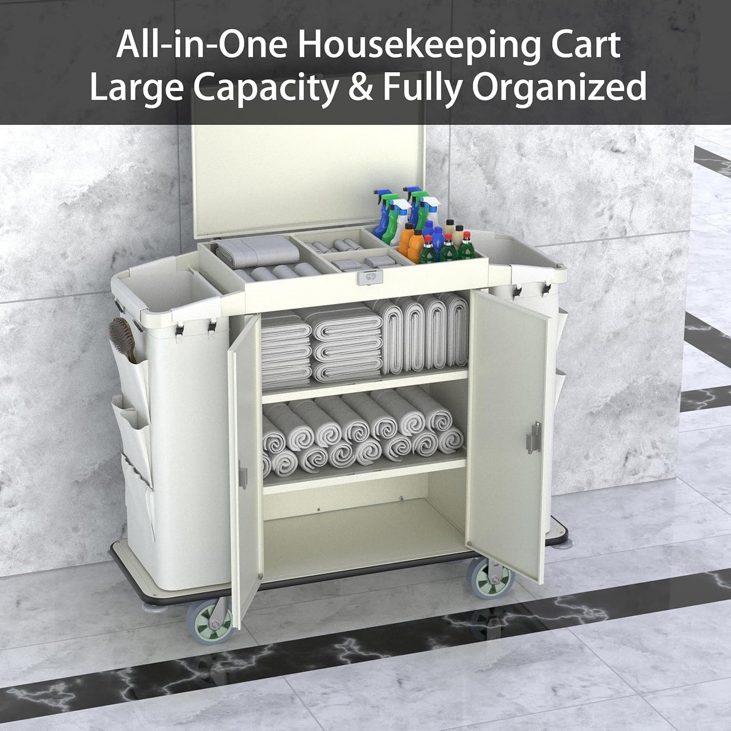 All-in-one white hotel housekeeping cart with open doors displaying organized towel and supply storage compartments.