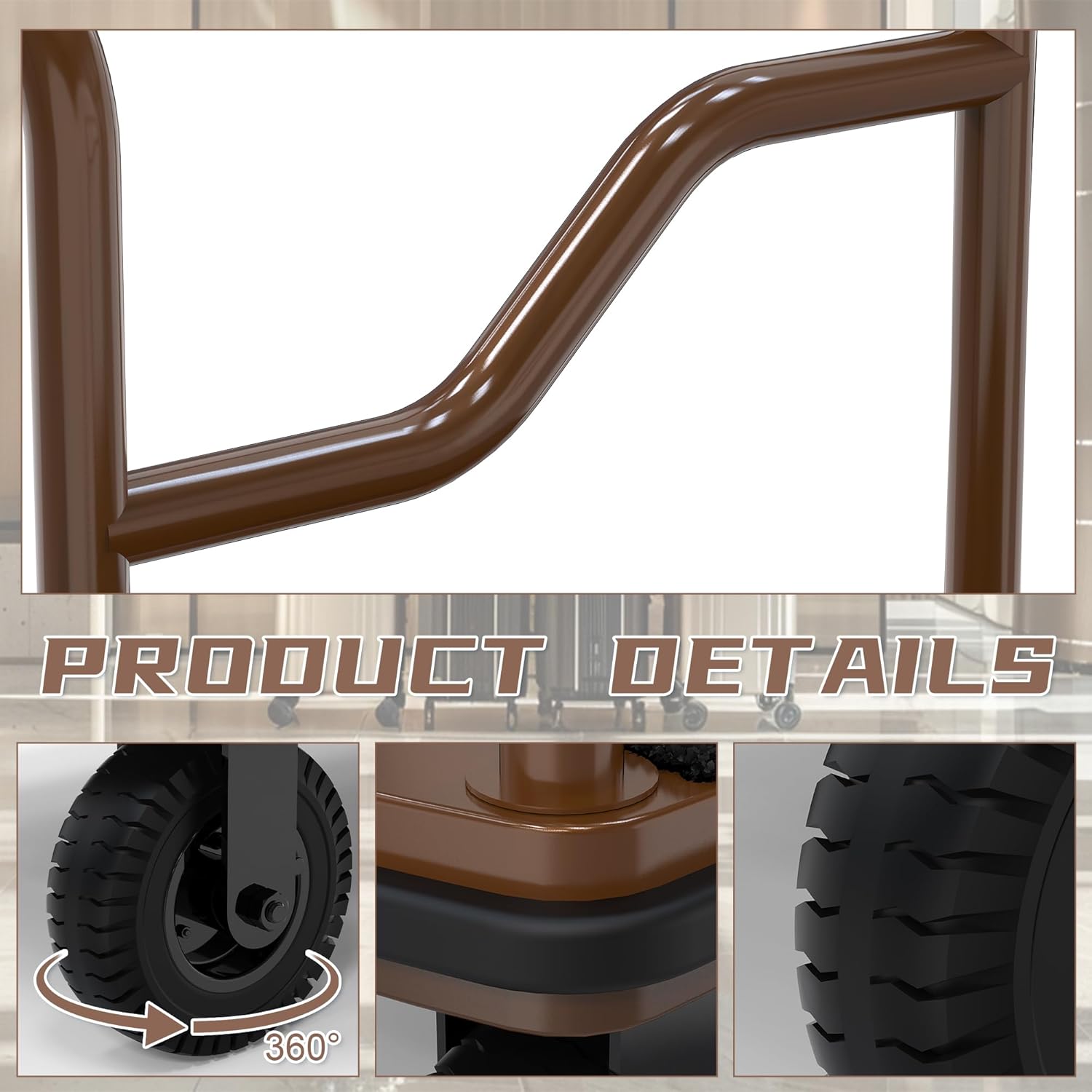 Hotel bellman cart with 8-inch silent inflatable wheels, 360° swivel capability, and pneumatic tire construction for quiet, smooth luggage transport service.