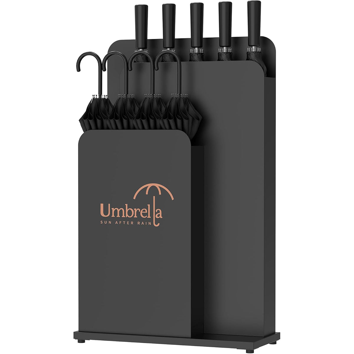 Black metal commercial umbrella stand holder with multiple umbrella slots and built-in water drip tray for hotel lobby entrance use