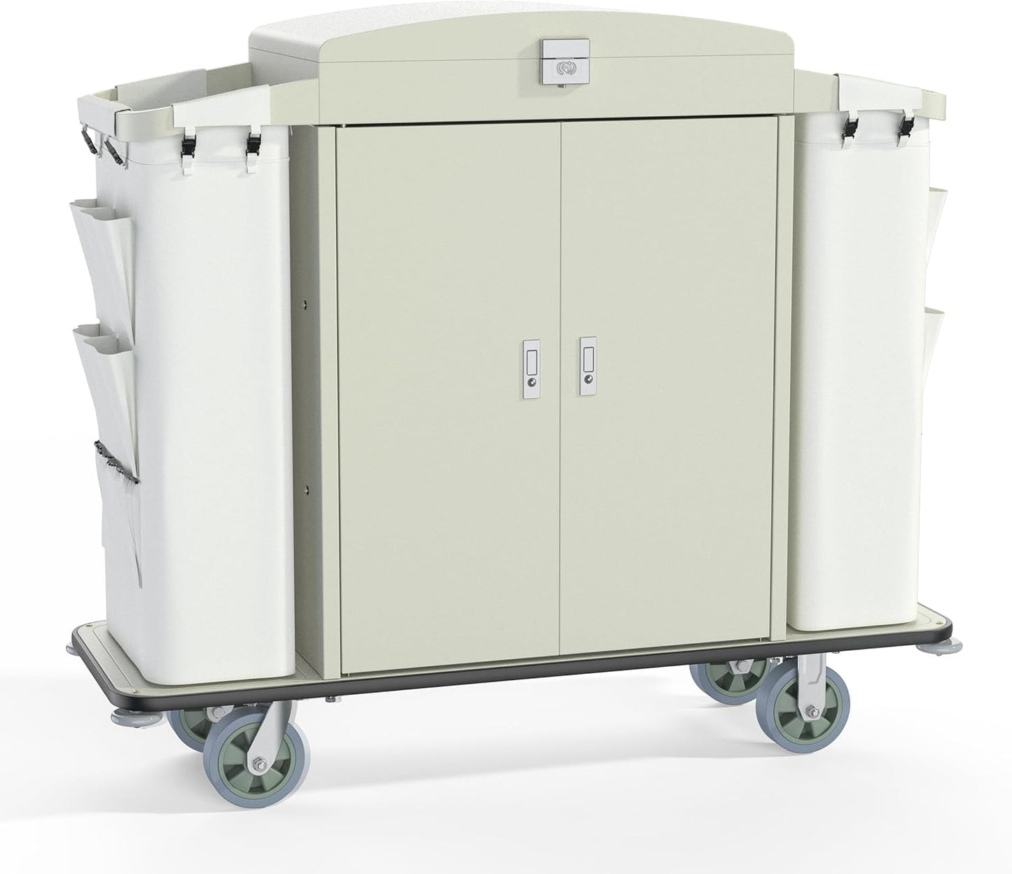 White hotel housekeeping cart showing locking cabinet doors and side storage bins on wheels.
