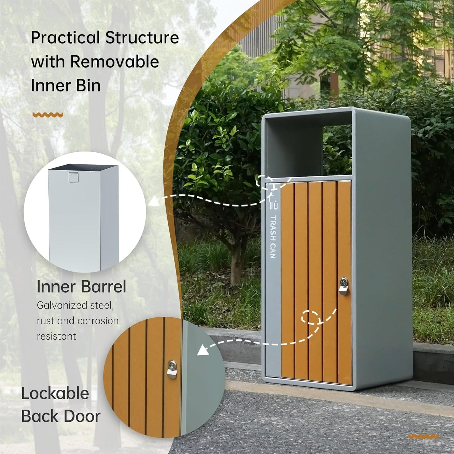 Lockable outdoor garbage bin with removable inner barrel, featuring galvanized steel construction and wooden access door for enhanced security