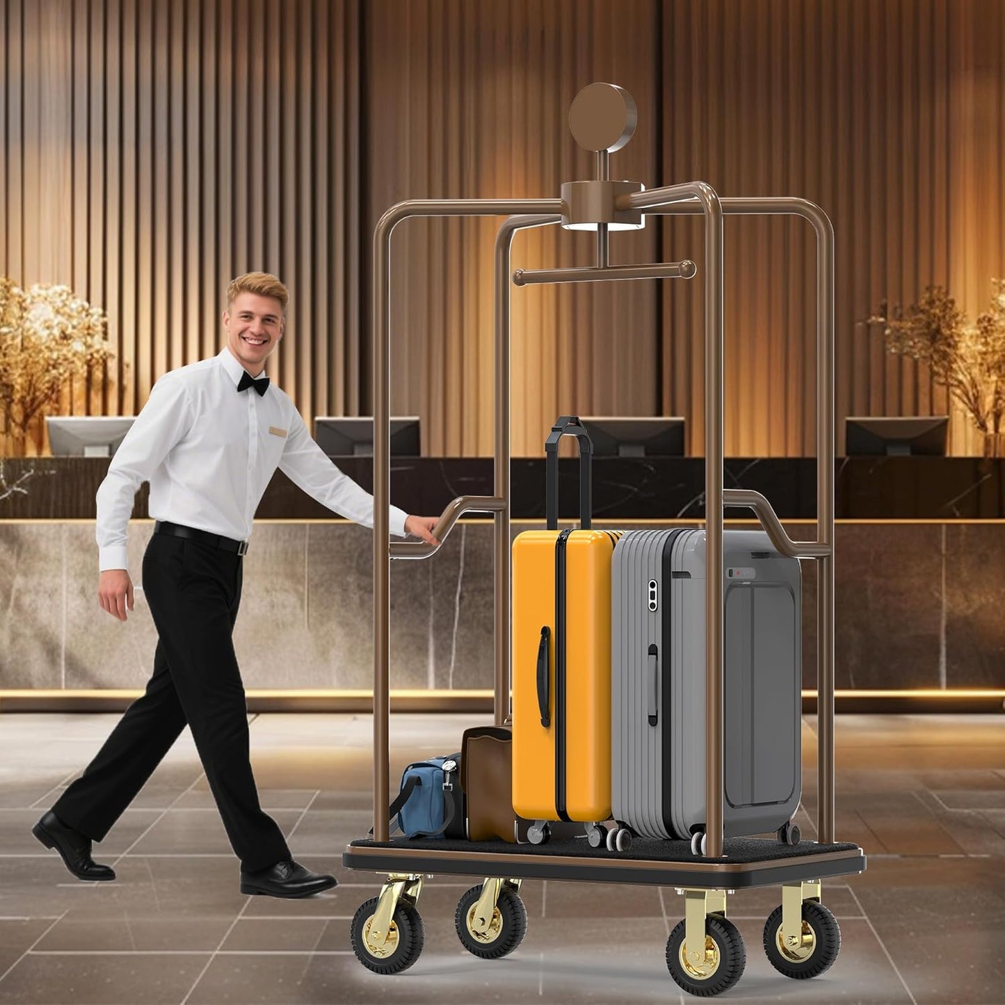 Professional hotel bellman operating enclosed luggage cart with protective canopy frame in elegant lobby. Luxury rooftop bellman cart providing secure luggage transport service, demonstrating premium hospitality standards with multiple guest suitcases under protective overhead structure.