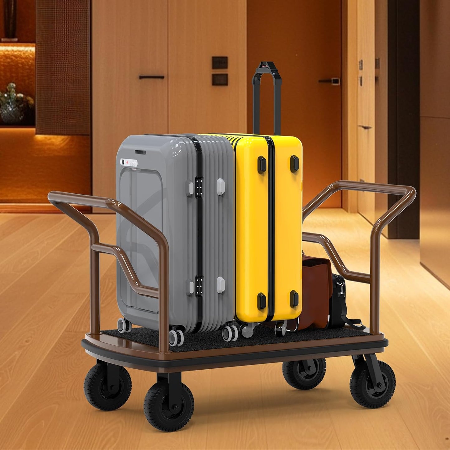 Premium hotel luggage cart in elegant lobby setting loaded with colorful guest suitcases. Luxury bellman cart with bronze finish handles and professional platform design, demonstrating high-end hospitality service in upscale hotel environment.