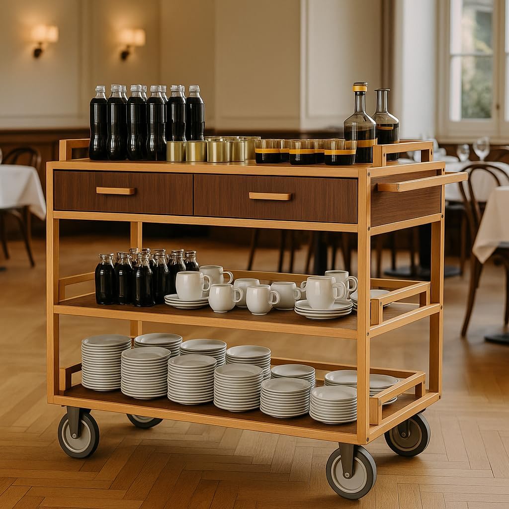 Luxury open service cart in elegant restaurant dining room with classic interior design and white tablecloth tables. Premium service trolley with walnut finish, three-tier open shelving, and professional wheels for sophisticated food and beverage service in fine dining establishments.
