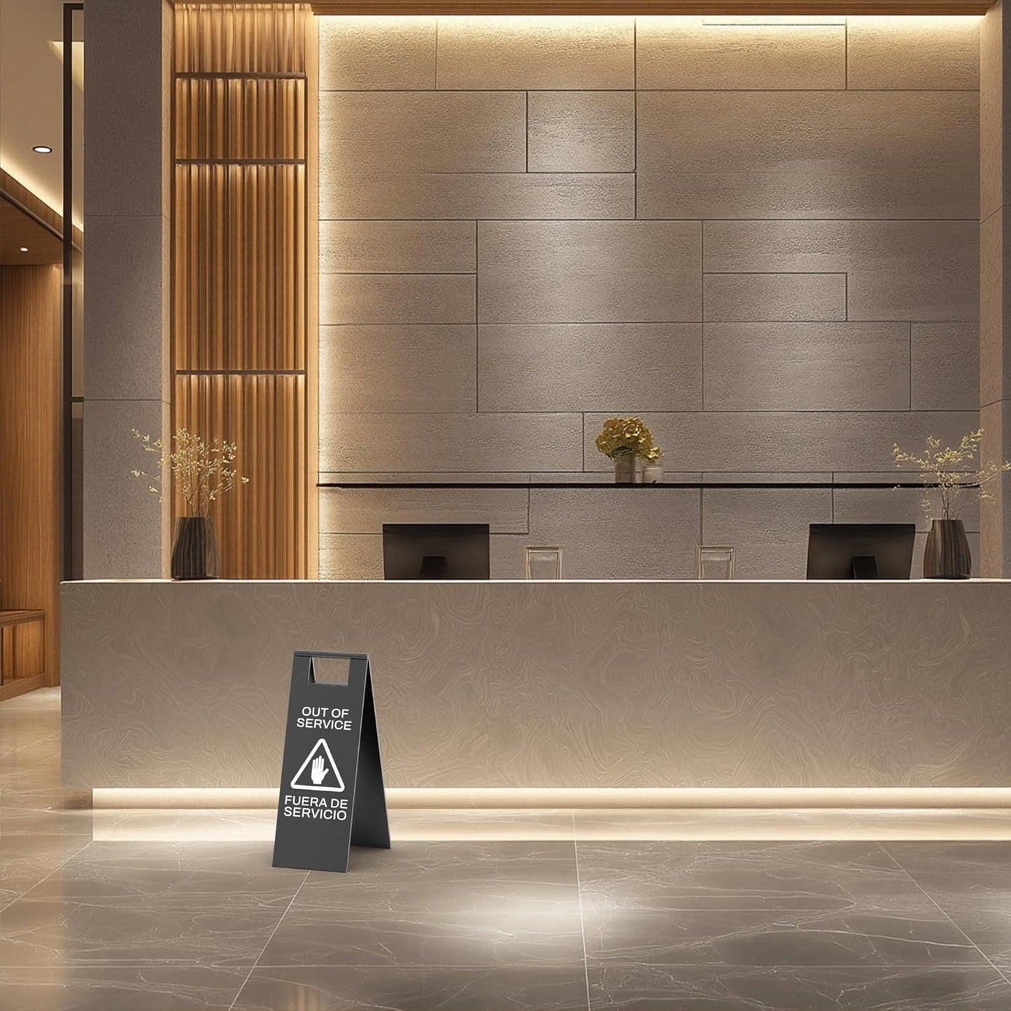 Black maintenance warning sign with triangular symbol positioned at upscale hotel front desk during service interruption