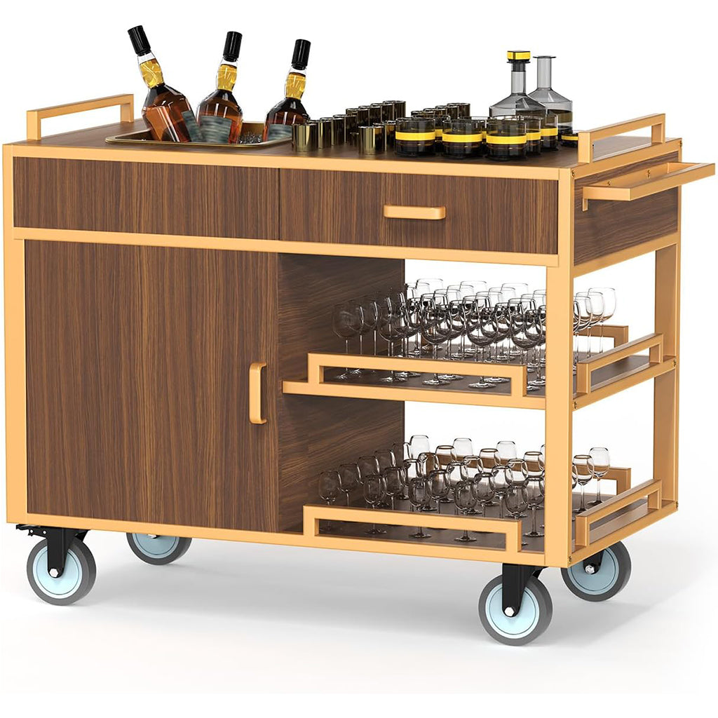 Premium wooden cabinet service cart featuring enclosed storage compartments and pull-out glass shelves loaded with wine bottles, glassware, and serving essentials. Professional restaurant service trolley with walnut finish, smooth-rolling wheels, and organized storage for fine dining establishments and hospitality venues.