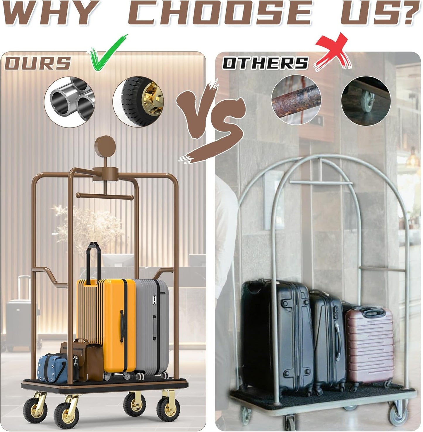 Comparison showcasing premium enclosed luggage cart advantages over standard models. Professional canopy bellman cart featuring stainless steel construction and golden wheels versus inferior competitors with basic materials and poor wheel systems.