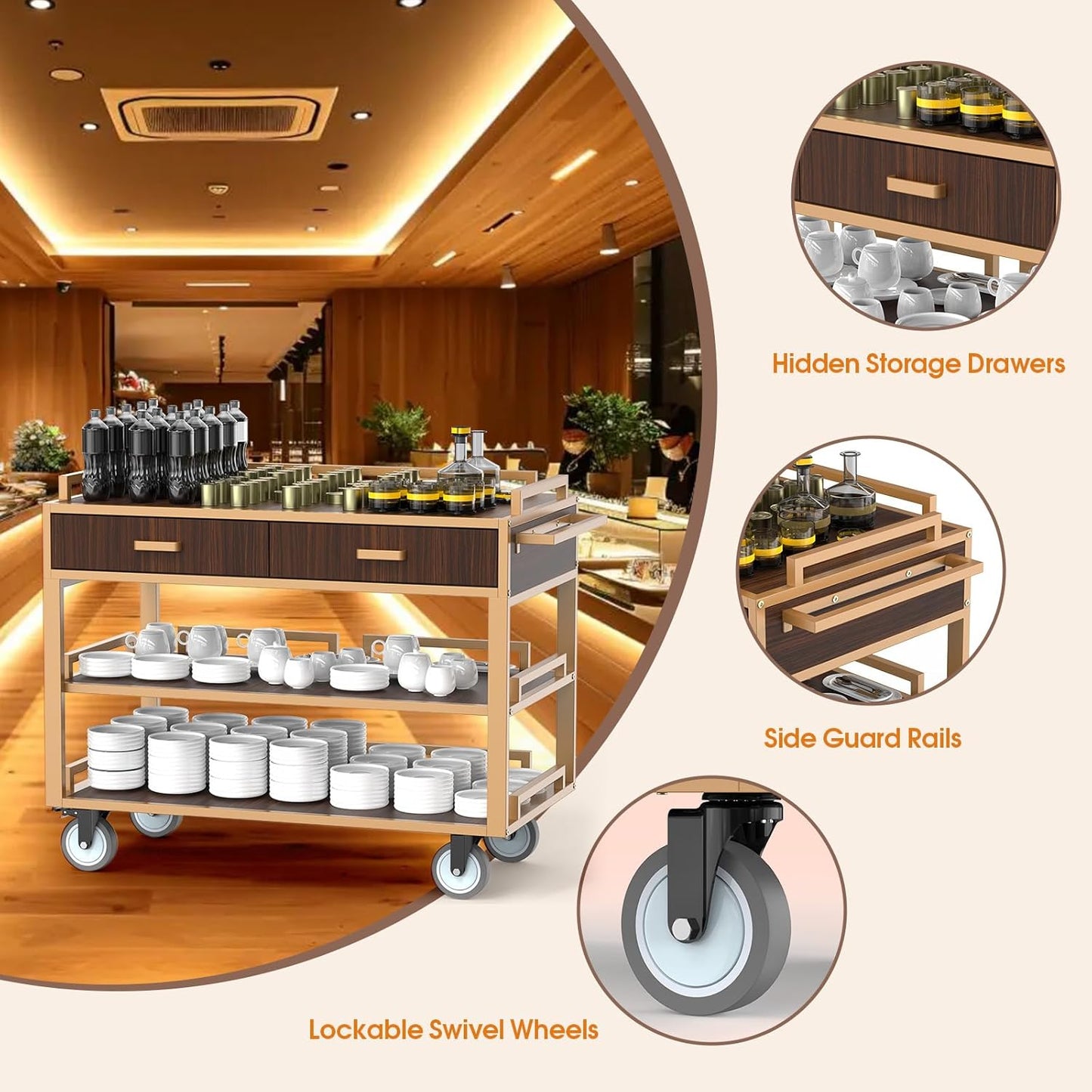 Professional open service cart operating in upscale restaurant environment highlighting hidden storage drawers, side guard rails, and lockable swivel wheels. Multi-level service trolley with three open shelves and drawer storage for efficient dining room service operations.