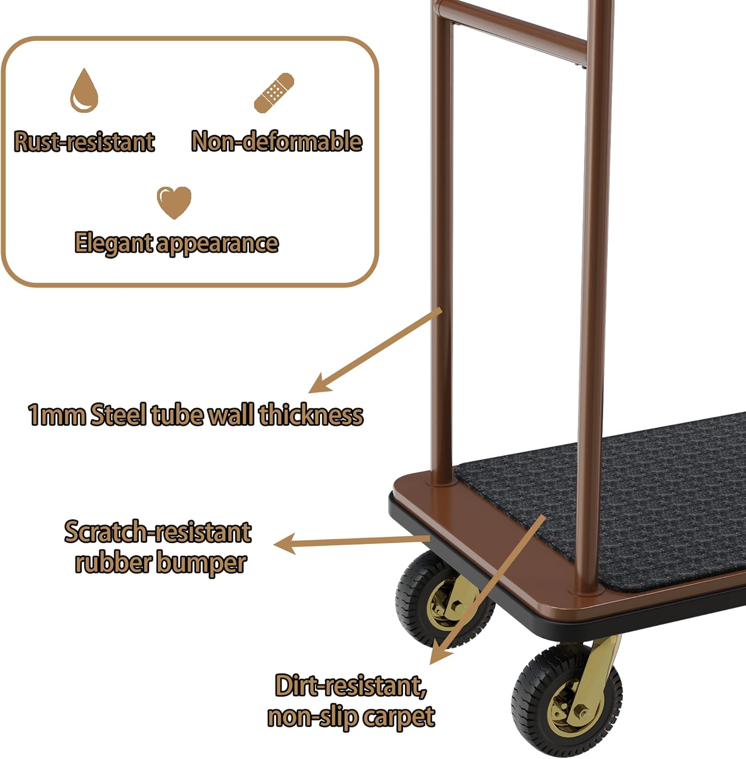 Durable hotel luggage cart featuring stainless steel construction with 1mm tube wall thickness, rust-resistant bronze finish, waterproof non-slip carpet platform, scratch-resistant rubber bumpers, and elegant appearance. Professional bellman cart with non-deformable steel frame for hospitality service.
