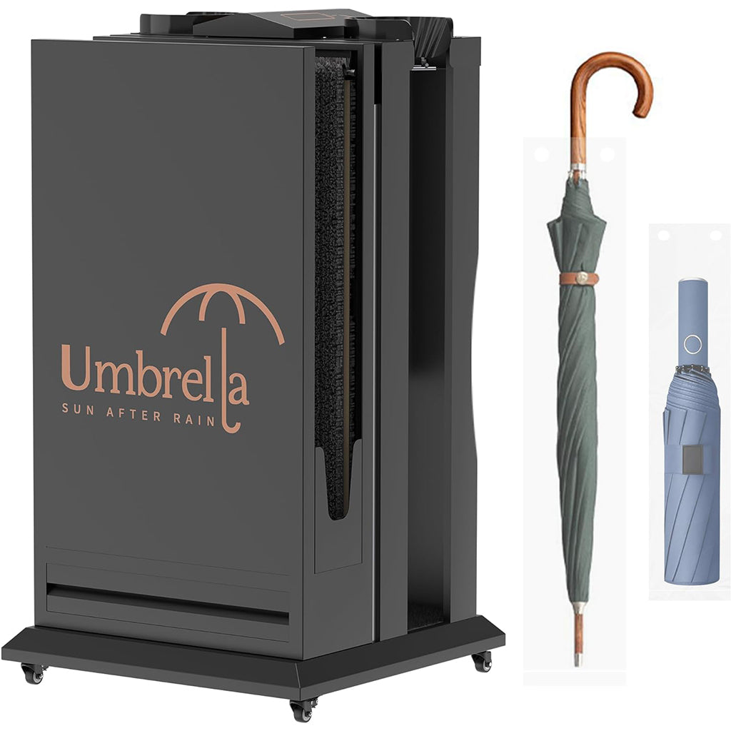 Umbrella bag dispenser unit displayed alongside full-size green umbrella and compact blue umbrella for scale reference and compatibility demonstration