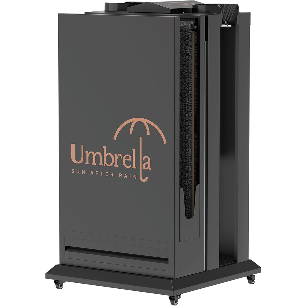 Gray umbrella plastic bag dispenser with Umbrella brand logo, featuring dual compartments for wet umbrella storage and a wheeled base for easy mobility