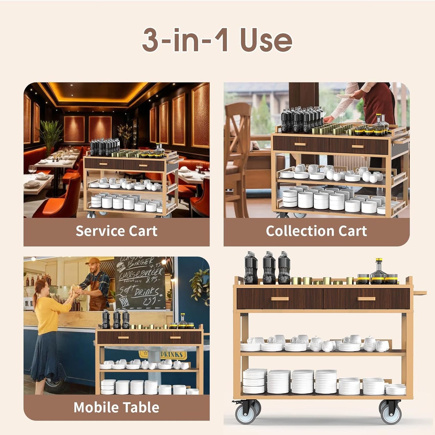 Versatile open service cart demonstrating 3-in-1 functionality as service cart, collection cart, and mobile table. Multi-purpose restaurant service trolley with open shelf design, drawer storage, and adaptable configuration for dining rooms, banquet facilities, and catering operations.