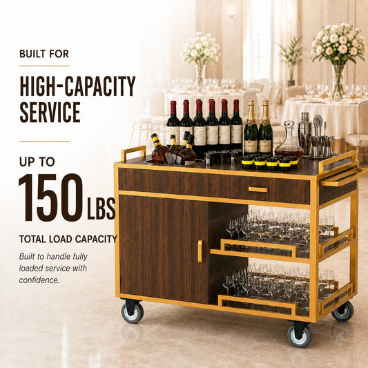Commercial Beverage Service Cart – Wooden Multi-Tier Trolley with Enclosed Storage & Smooth-Rolling Wheels for Restaurant, Hotel & Banquet - CrazyAnt