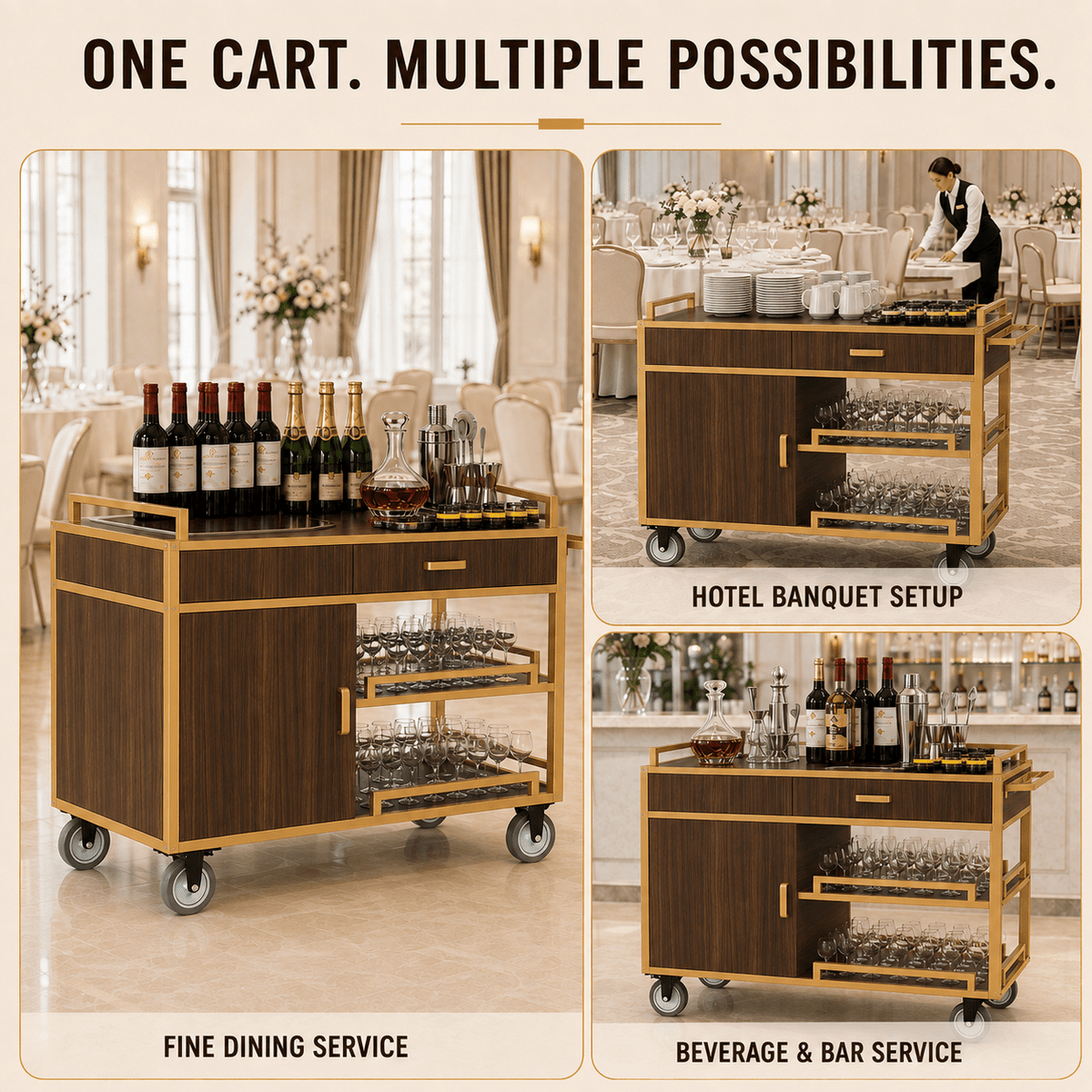 Commercial Beverage Service Cart – Wooden Multi-Tier Trolley with Enclosed Storage & Smooth-Rolling Wheels for Restaurant, Hotel & Banquet - CrazyAnt