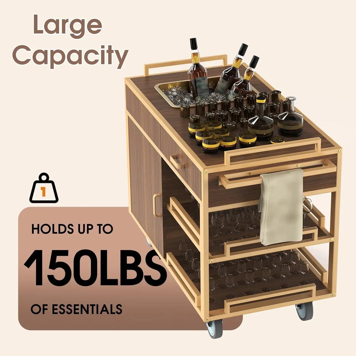 Commercial Beverage Service Cart – Wooden Multi - Tier Trolley with Enclosed Storage & Smooth - Rolling Wheels for Restaurant, Hotel & Banquet - CrazyAnt