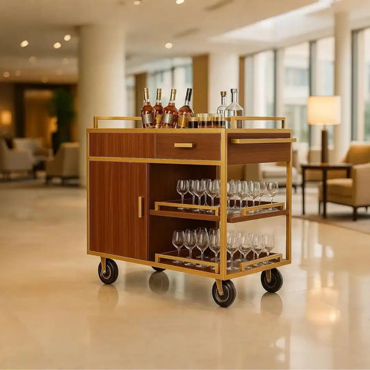Commercial Beverage Service Cart – Wooden Multi - Tier Trolley with Enclosed Storage & Smooth - Rolling Wheels for Restaurant, Hotel & Banquet - CrazyAnt