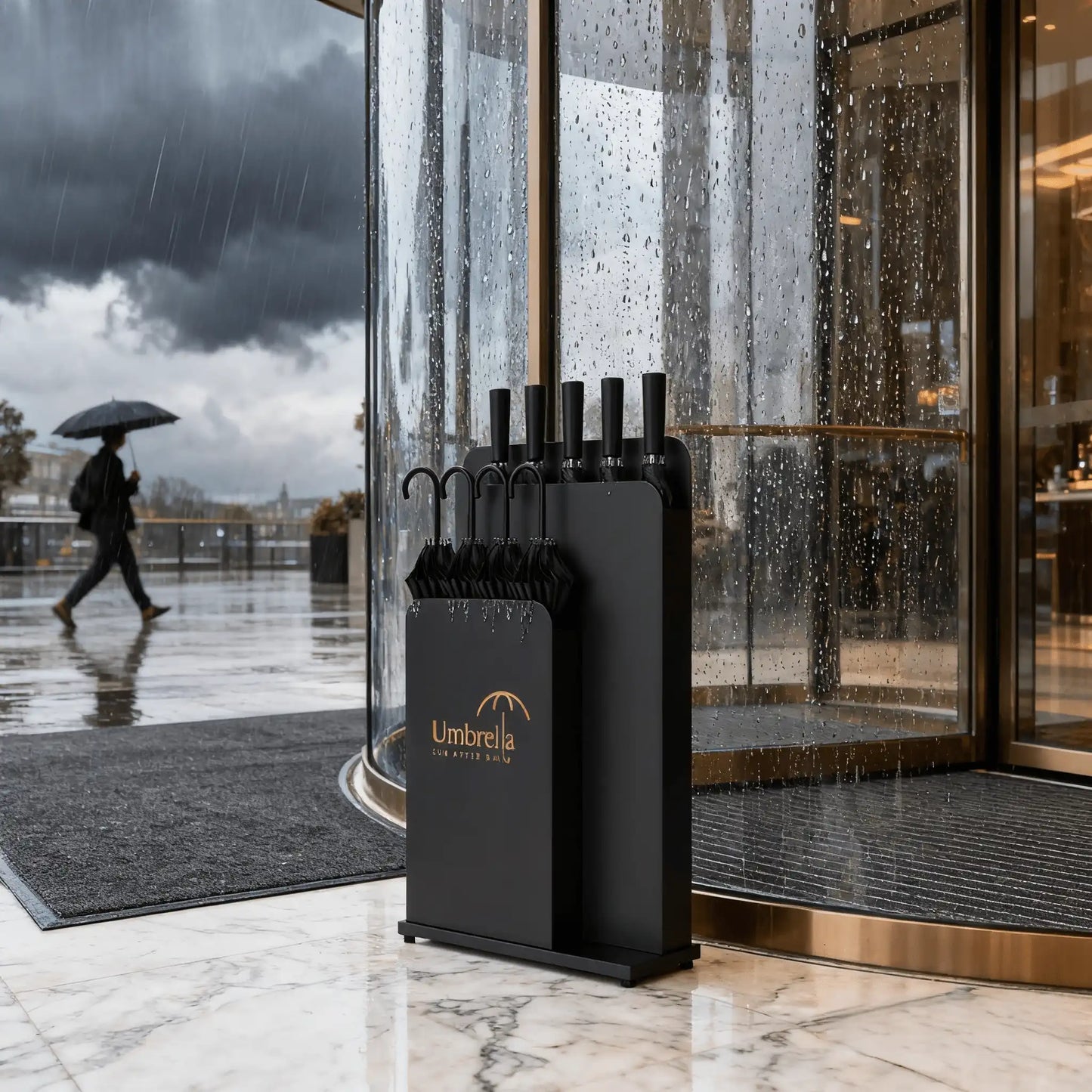 Commercial Indoor Umbrella Stand – Tall Wet Umbrella Holder with Drip Tray, Black for Lobby, Entryway, Hotel & Office - CrazyAnt