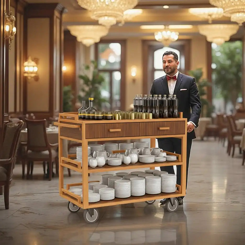 Commercial Restaurant Service Cart – Wooden Multi - Tier Open Shelf with Hidden Drawer, Side Guards & Lockable Wheels, 150 lbs - CrazyAnt