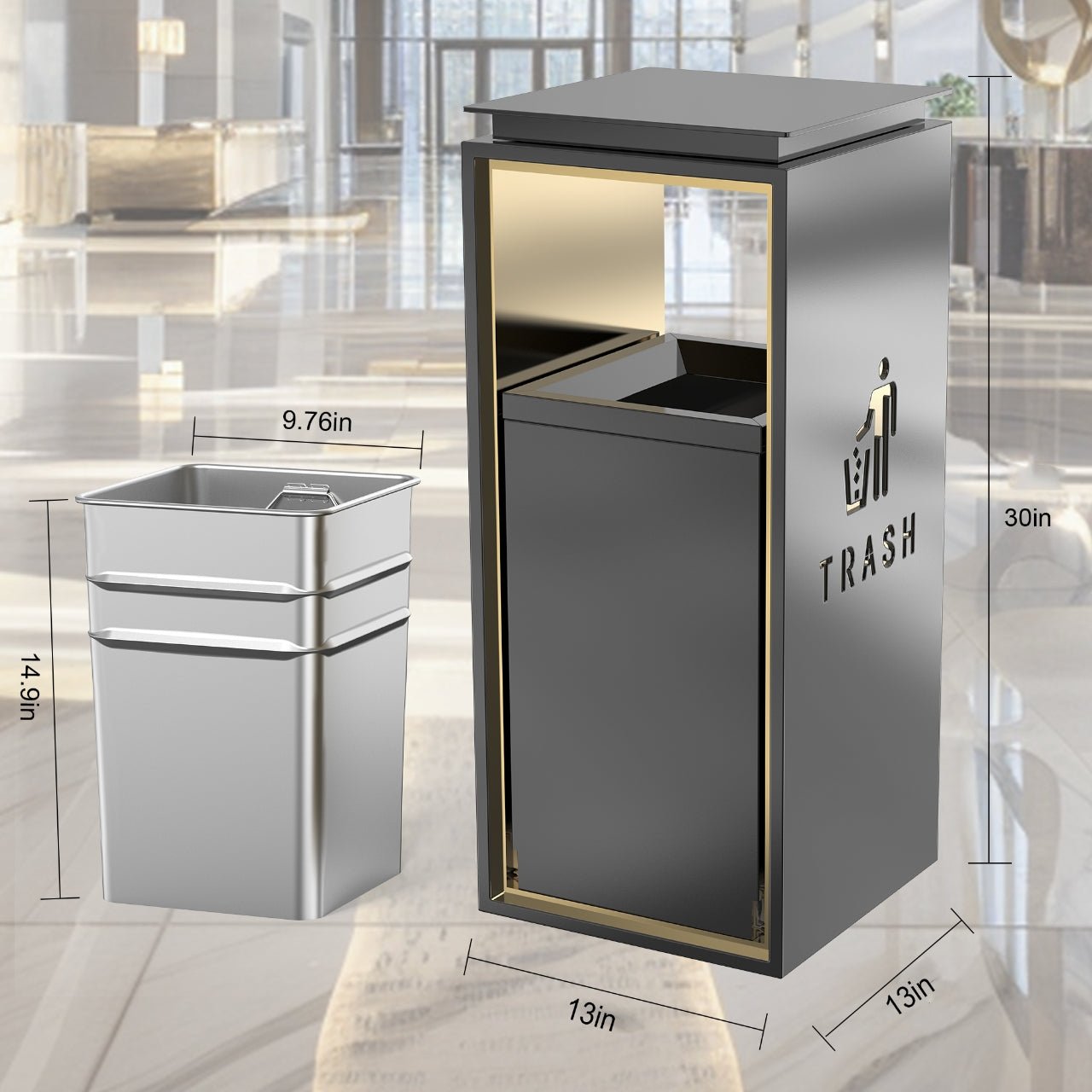 Commercial Trash Can – Durable Brushed Stainless Steel Garbage Bin, Fingerprint - Resistant, Indoor/Outdoor for Office & Hotel Lobby, 13"x13"x30", Modern Black - CrazyAnt