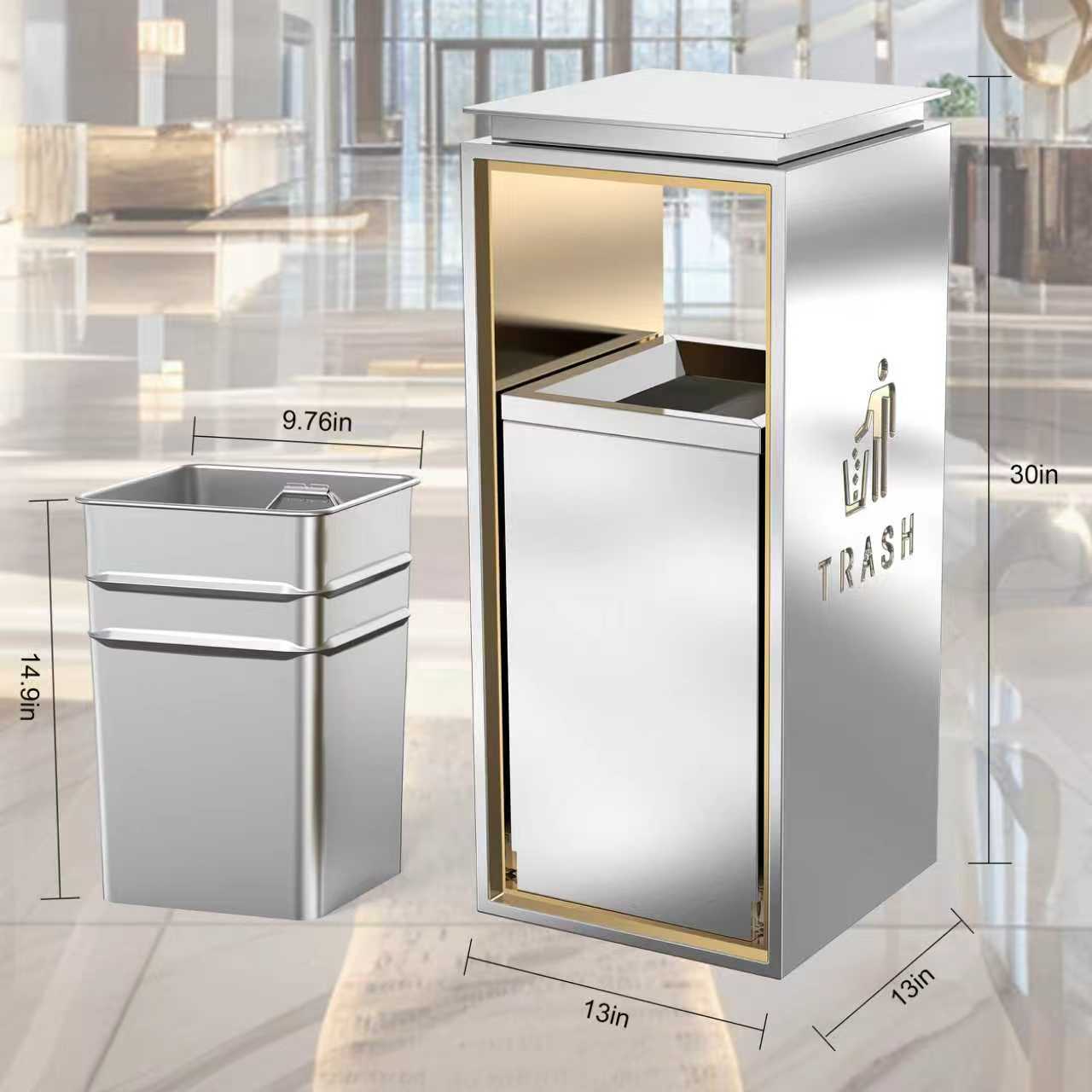 Commercial Trash Can – Durable Brushed Stainless Steel Garbage Bin, Fingerprint - Resistant, Indoor/Outdoor for Office & Hotel Lobby, 13"x13"x30", Modern Black - CrazyAnt