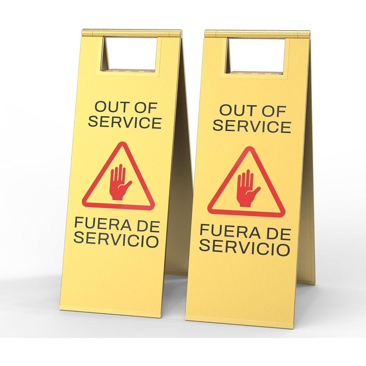 Folding Safety Sign - Yellow Out of Service Caution Sign with red warning triangle and hand symbol, bilingual English Spanish portable floor stand