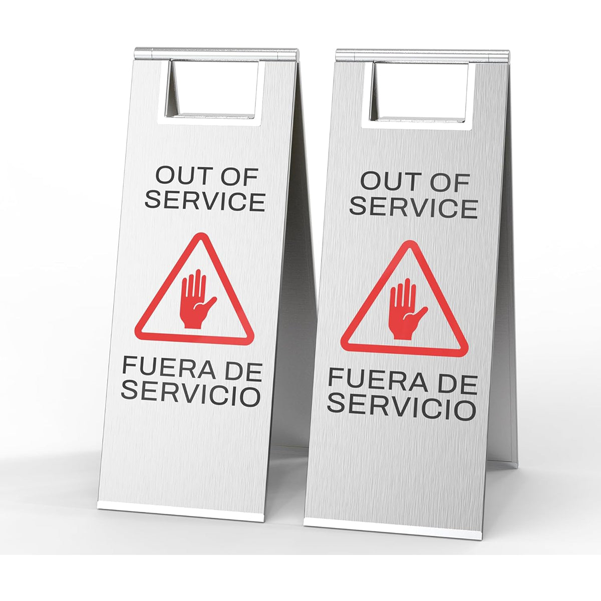Folding Safety Sign - Stainless Steel Out of Service Caution Sign with red warning triangle and hand symbol, bilingual English Spanish portable floor stand