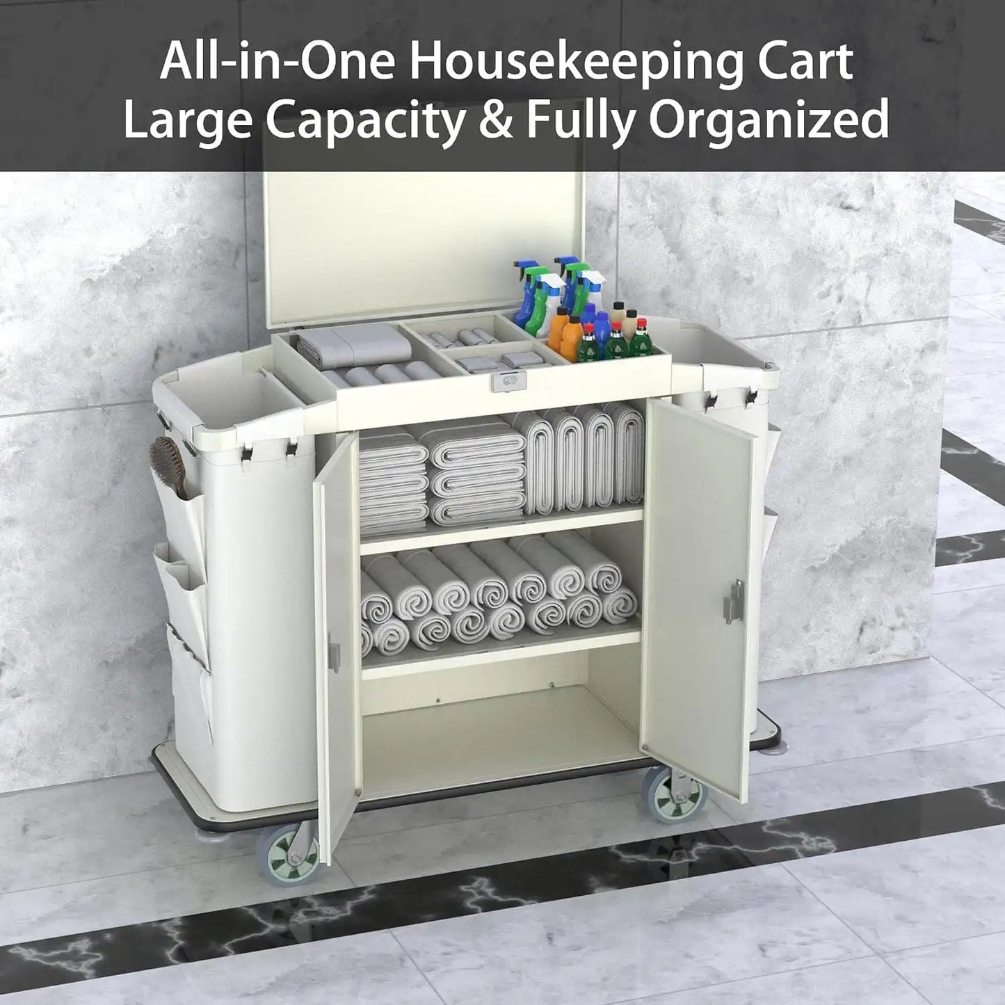 Hotel Housekeeping Cart – Heavy - Duty Trolley with Locking Doors, Side Bins & Wheels for Hotels & Resorts - CrazyAnt