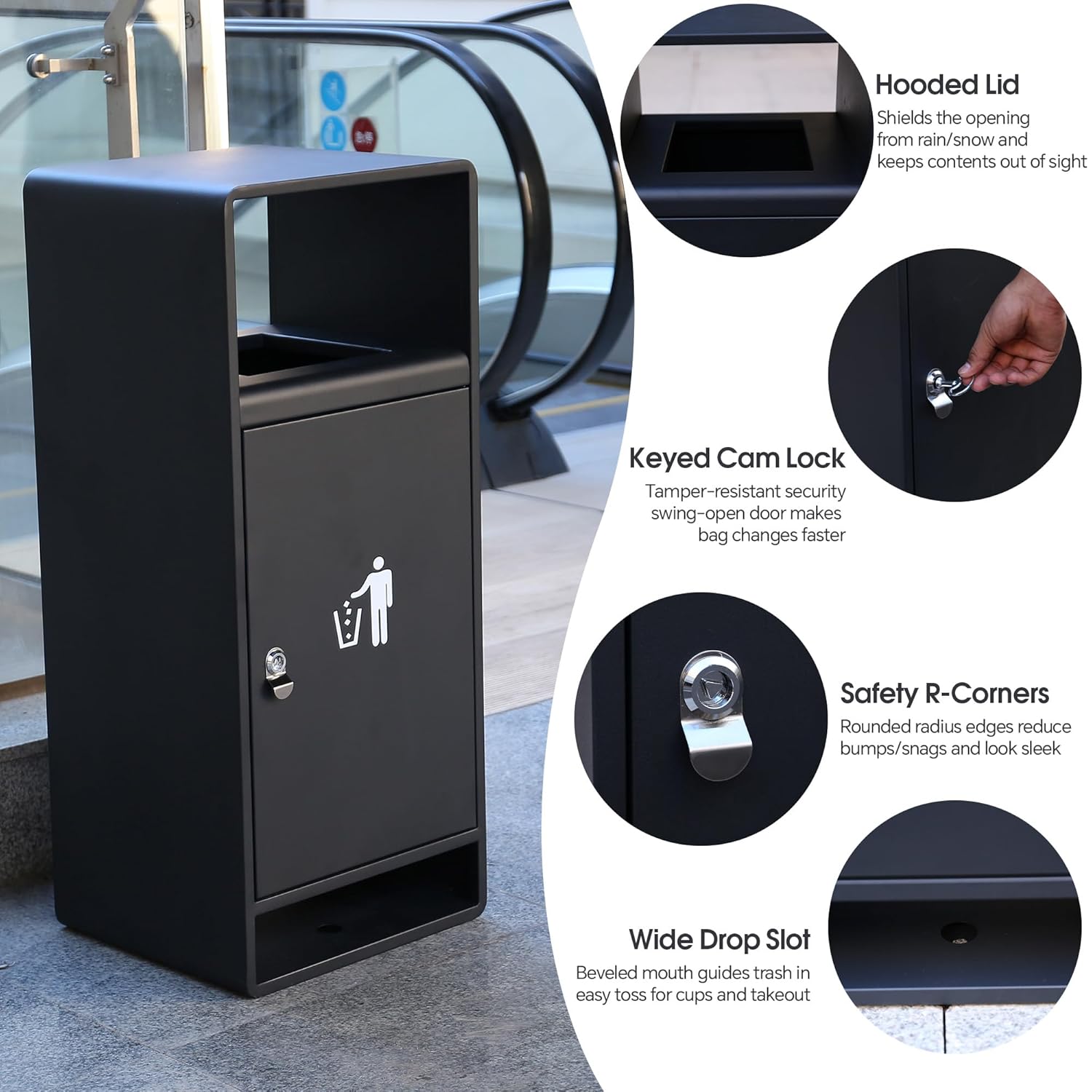 Lockable outdoor trash container features including hooded lid for weather protection, keyed cam lock security, and safety rounded corners