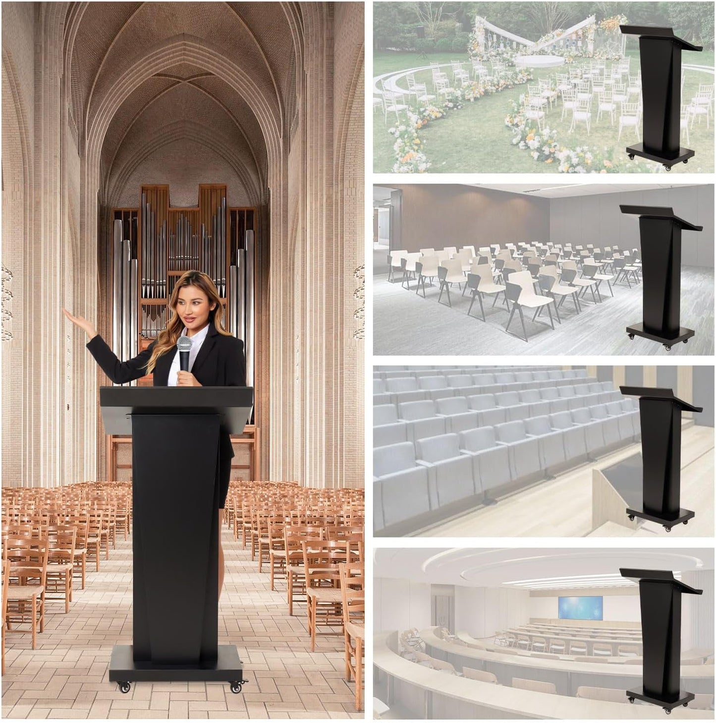 Mobile Lectern Podium Stand with Lockable Wheels - 50.4"H Conference Podium with Storage for Hotels, Events & Meetings - Black - CrazyAnt