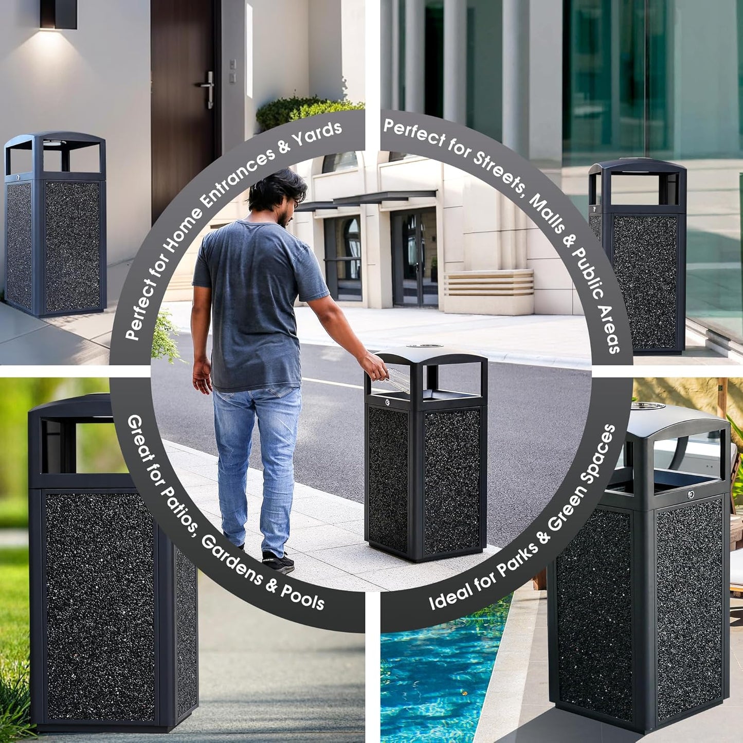 Outdoor Trash Can with Lid – Sturdy Stone-Finish Metal Garbage Bin, Weatherproof, Removable Liner for Parks & Public Spaces
