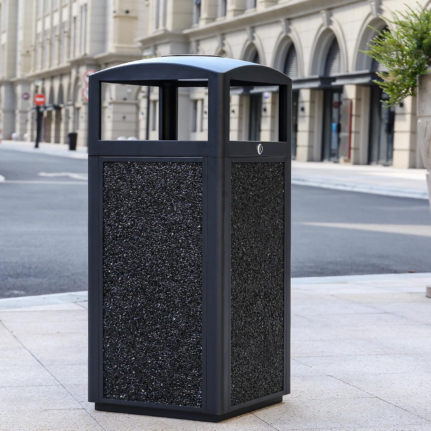 Outdoor Trash Can with Lid – Sturdy Stone - Finish Metal Garbage Bin, Weatherproof, Removable Liner for Parks & Public Spaces - CrazyAnt