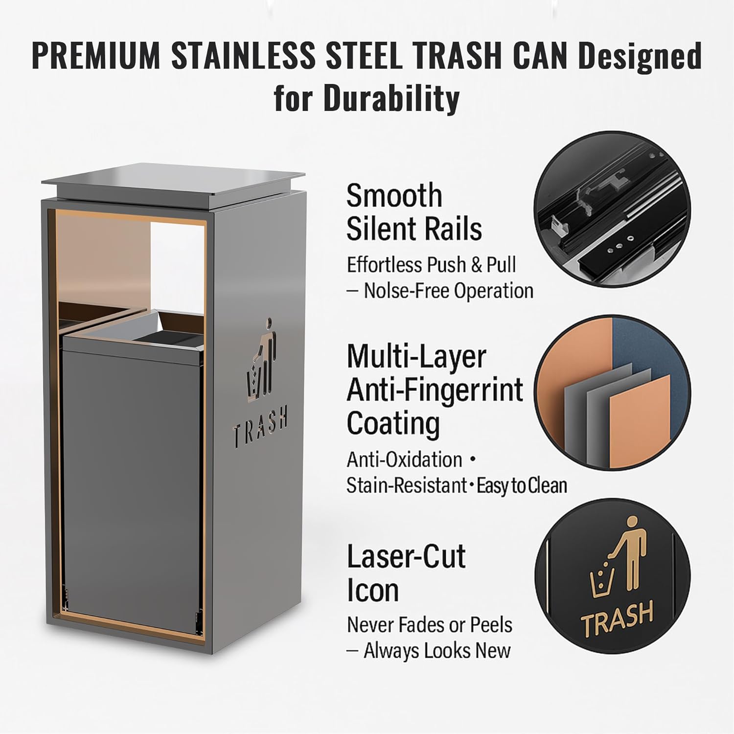 Premium stainless steel outdoor trash can with lid featuring silent rails, anti-fingerprint coating, and laser-cut icon - durable commercial grade outdoor trash can storage solution