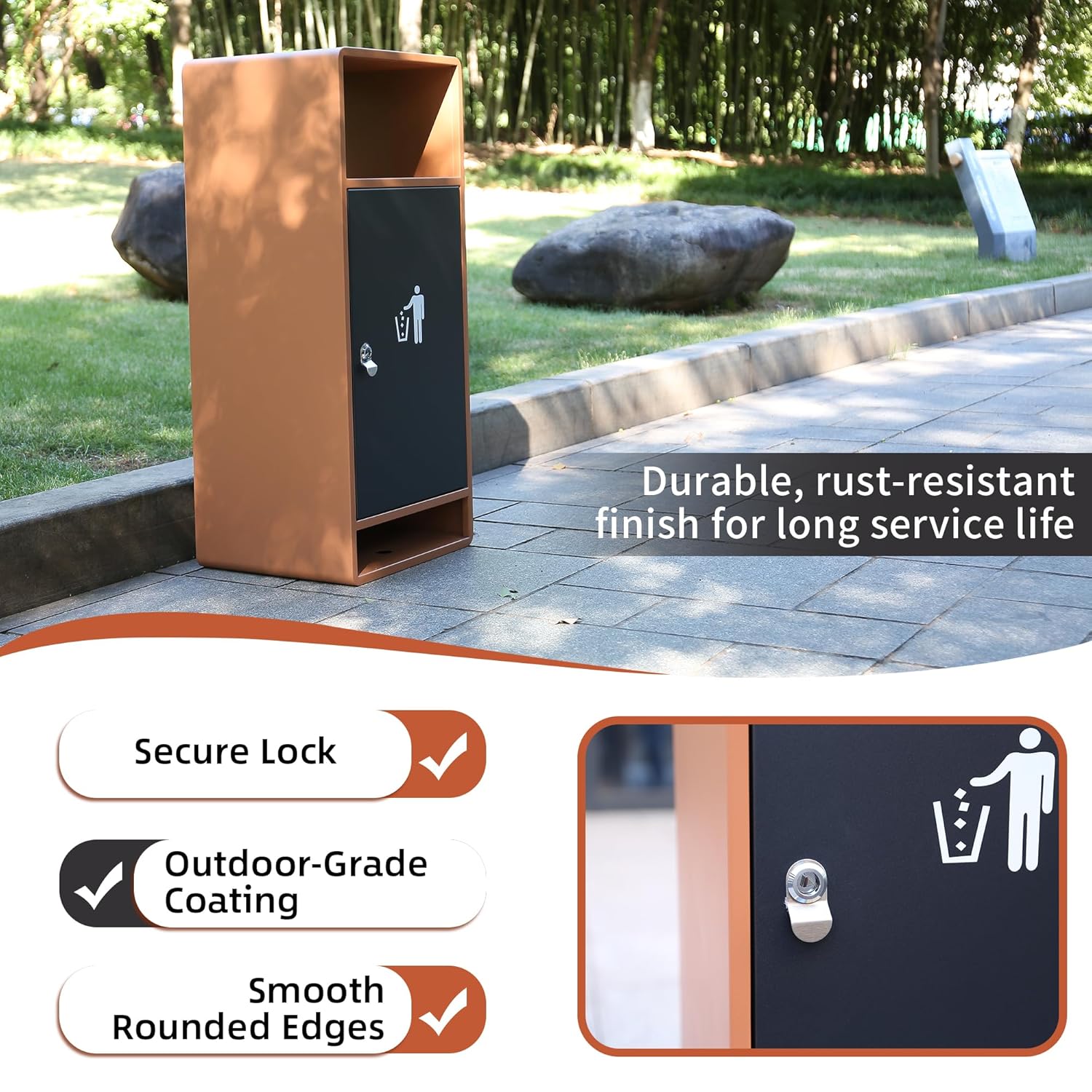 Rust-resistant outdoor steel trash can installed in park setting demonstrating durable finish and secure locking mechanism for long service life